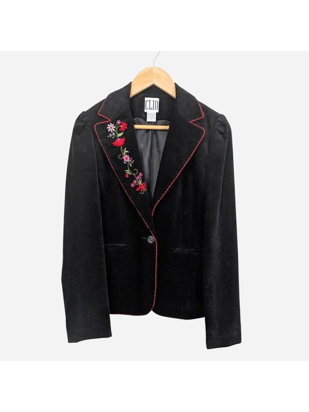 1990s Clio Black Cotton Velvet Embroidered Folk Floral Blazer Small